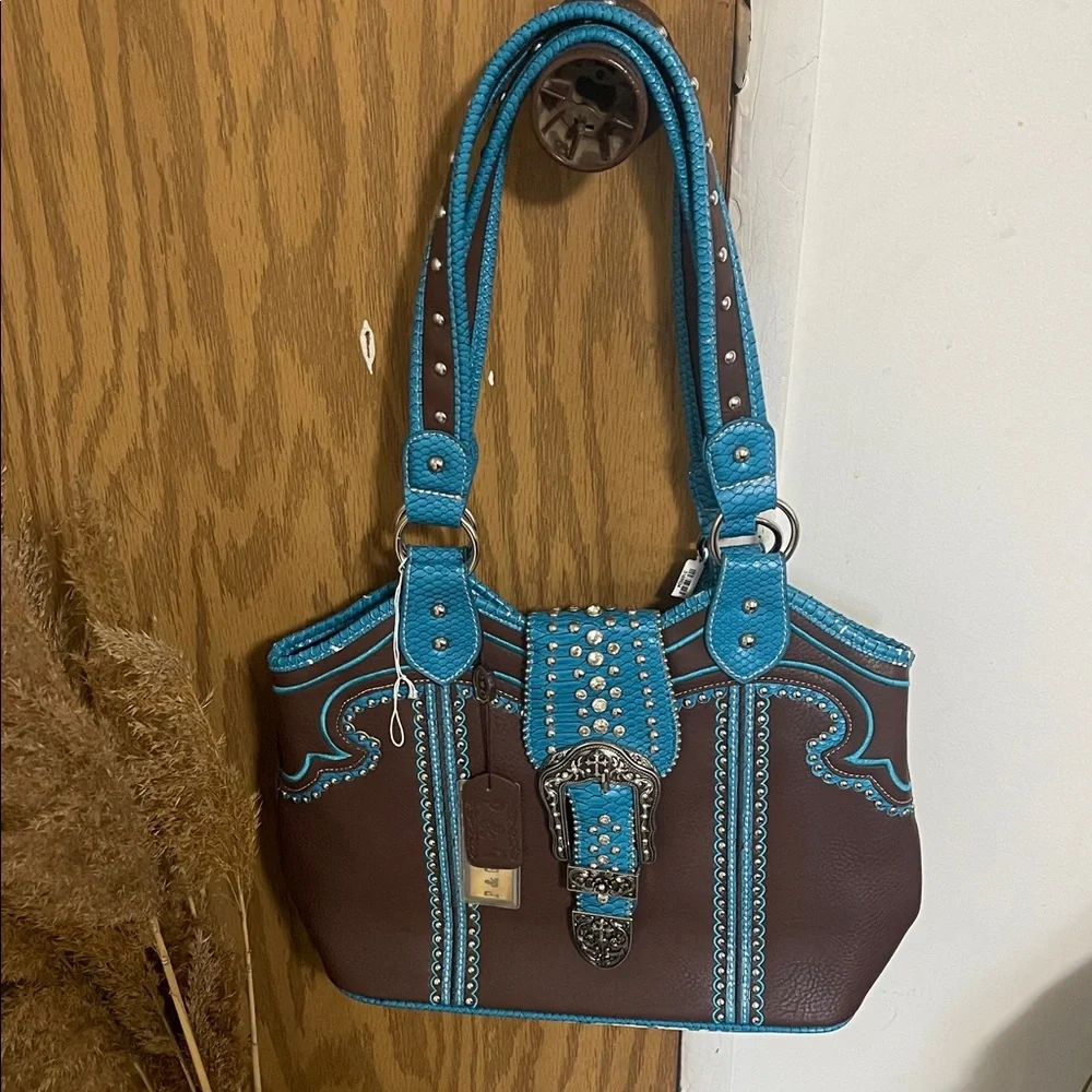 Brown and Blue Studded Women's Handbag - Picture 3 of 12